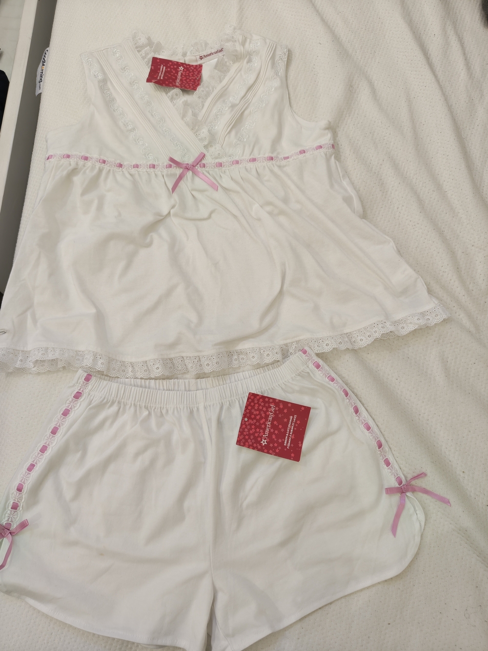 American Girl Rebecca Rubin White Pajama Set with Pink Ribbon And Lace Trim